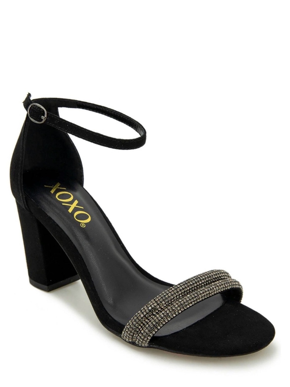 XOXO Black Suede Block Heel Sandals with Rhinestone Strap